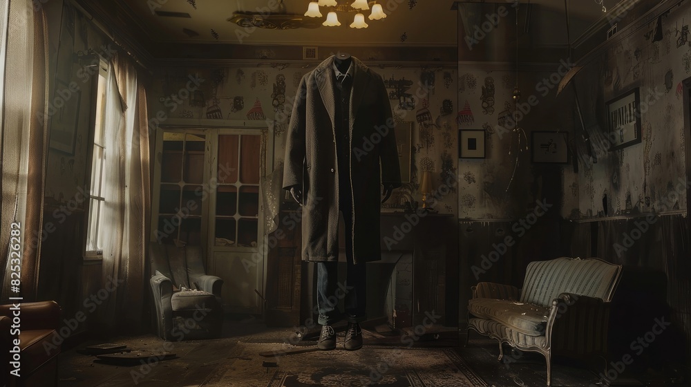 A man with his head in the living room is floating above it, wearing a long coat and jeans