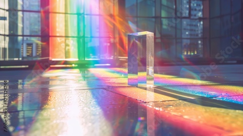 Prism refracting light into a rainbow on a city window