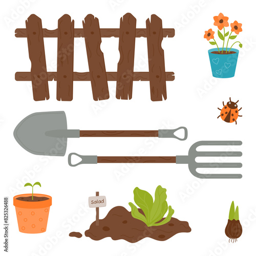 Gardening and planting kit - wooden fence, shovel, pitchfork, potted flowers, lettuce in the ground.