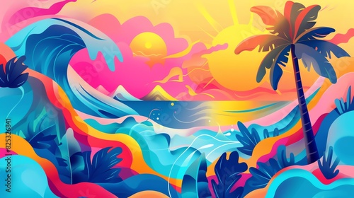 Vibrant abstract tropical beach scene with colorful waves, palm tree, and sunset, perfect for summer and vacation themes.