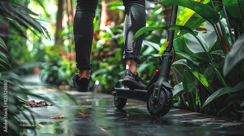 electric kick scooter rider navigating urban jungle unrecognizable person transportation concept photo