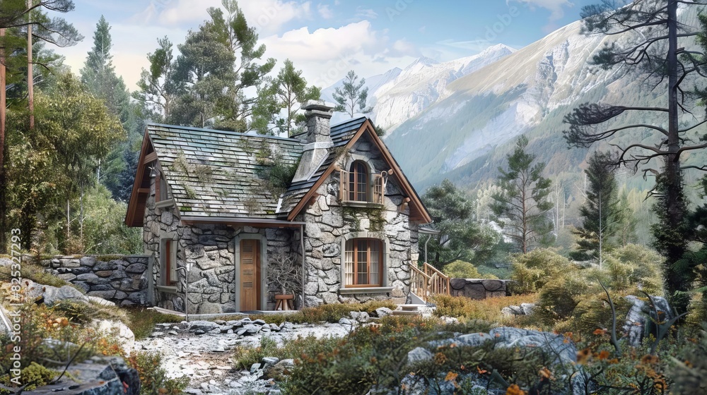 enchanting mountain retreat rustic stone cottage nestled in serene wilderness concept illustration