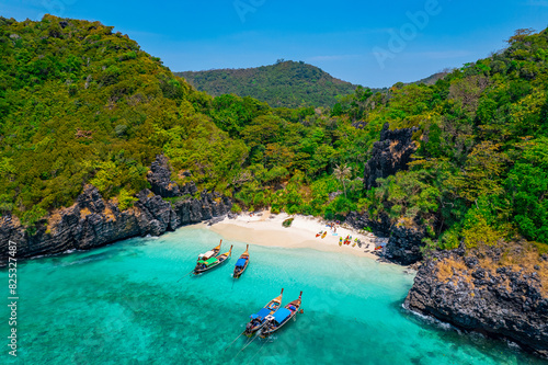 Aerial view of Nui beach and long tail boat in Phi Phi Don island, Krabi. Concept beauty nature of Thailand, travel Phuket photo