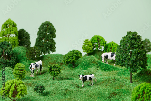 Toy miniature cows view on a meadow