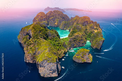 Aerial top view of tropical island Phi Phi Leh with turquoise water Maya Bay and dream beach, Krabi. Amazing travel photo of Thailand by drone © Parilov