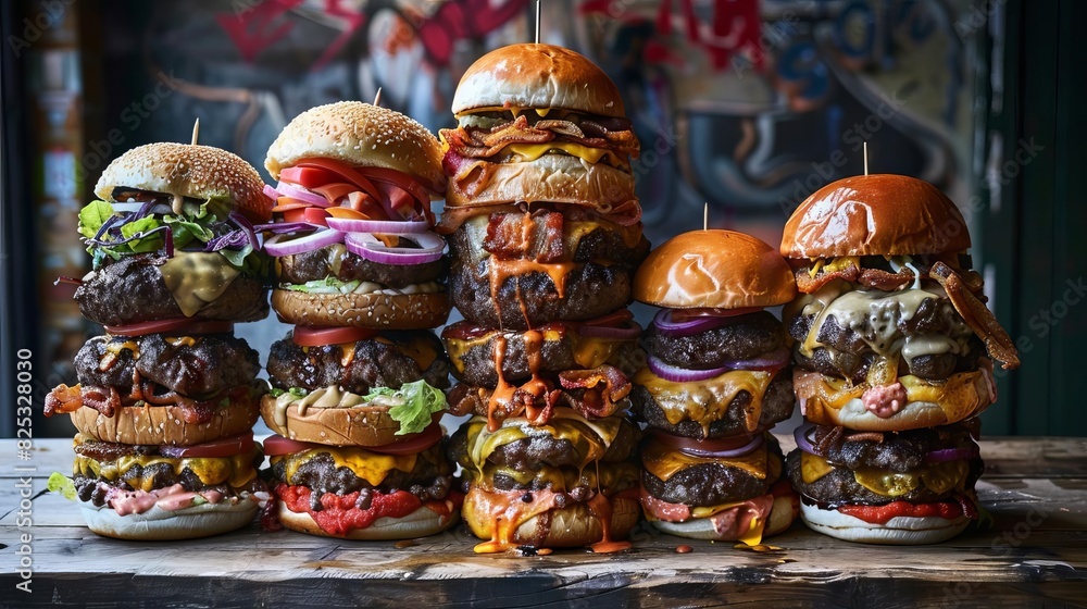 epic burger feast skyhigh hamburger loaded with excessive toppings food photography epic burger feast skyhigh hamburger loaded with excessive toppings food photography