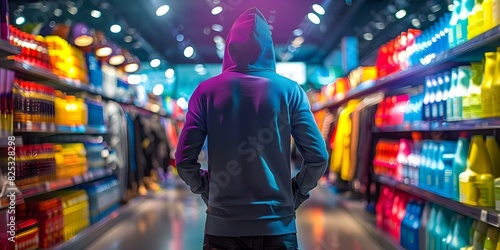 A person in a hoodie in a store illustrating retail security. Concept Retail Security, Hoodie, Store Environment, Shopper Experience, Loss Prevention