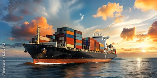 Global freight shipping involves transferring cargo between vessels for international transport. Concept Maritime Transport, Intermodal Logistics, International Trade, Containerization photo