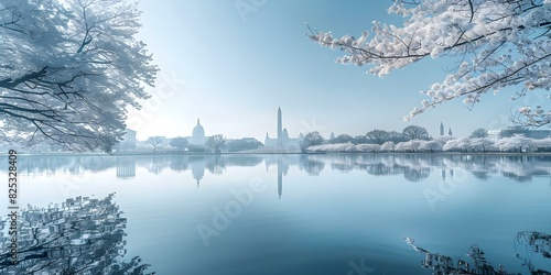 Panoramic view of Washington DCs National Mall with iconic monuments and cherry blossoms. Concept Travel Photography, Washington DC Landmarks, Cherry Blossom Season, National Mall Monuments