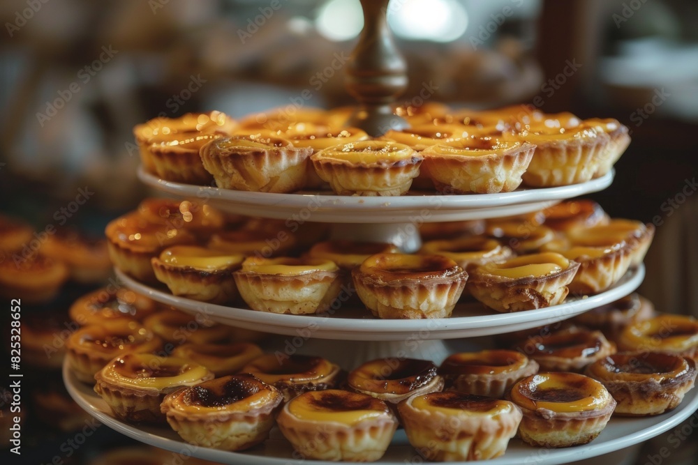 Mini Custard Tarts Exposed On Trays On A Table, Closeup, Confectionery, Bakery Dessert Advertising Concept Mini Custard Tarts Exposed On Trays On A Table, Closeup, Confectionery, Bakery Dessert Advertising Concept