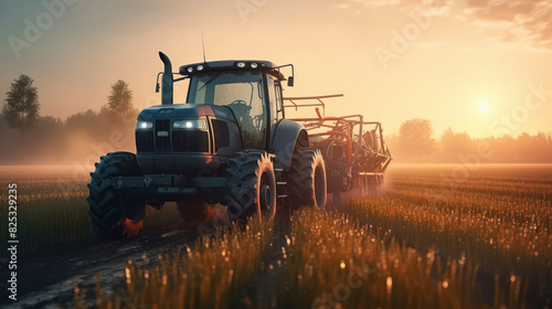 Tractor spraying pesticides in wheat field