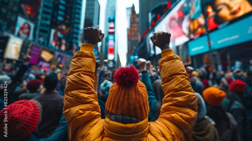 Person in yellow jacket raising arms in a busy urban area, symbolizing freedom and triumph amid the bustling city life. Person in yellow jacket raising arms in a busy urban area, symbolizing freedom and triumph amid the bustling city life.