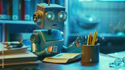 cute robot sits at a desk, does homework, cartoon style, android student, technological progress, school life and ai concept