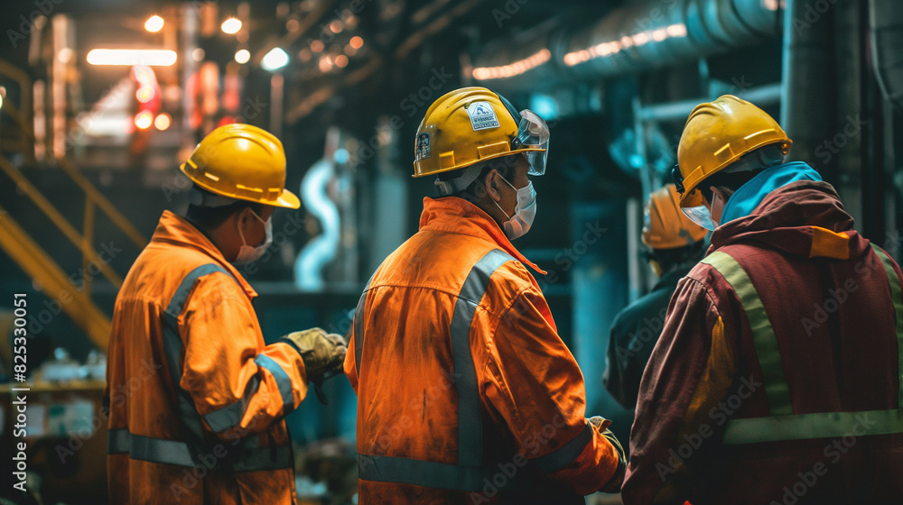 Workers checking and wearing safety gear before starting their shift ...