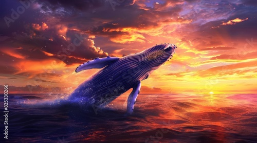 humpback whale breaching at vibrant sunset majestic marine life natural wonder digital painting © furyon