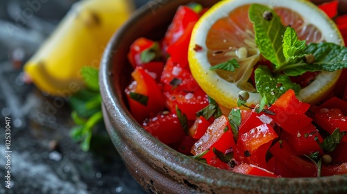 Red pepper salad with lemon and mint for culinary and food blog