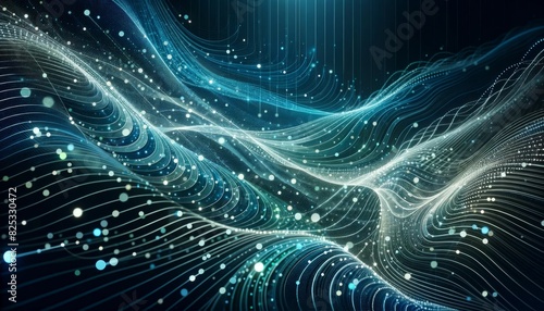 Digital background of waves for technological operations, neural networks, AI, data transmission and encryption, digital archives, audio and visual representations, and scientific research.