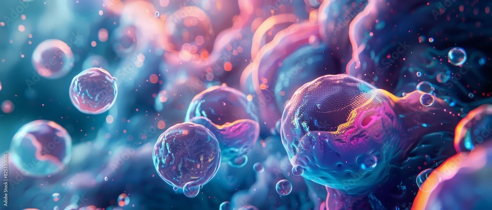 Ethereal closeup of organic, cell like forms and vibrant orbs in a fluid Ethereal closeup of organic, cell like forms and vibrant orbs in a fluid