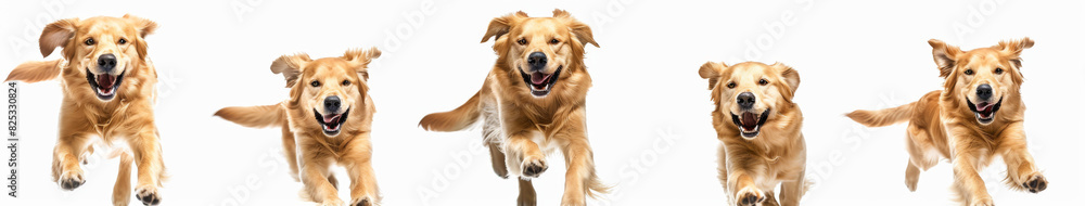 3 golden retriever dogs running towards the camera, happy and smiling, white background, different poses, hyper realistic photography.