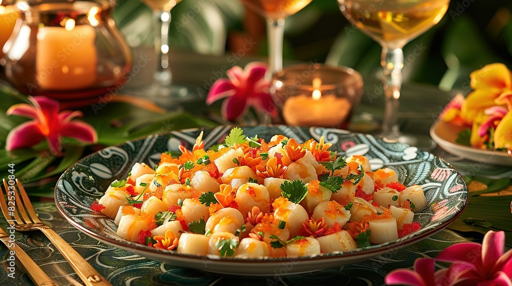 A plate of food sits on the table beside glasses of wine A plate of food sits on the table beside glasses of wine