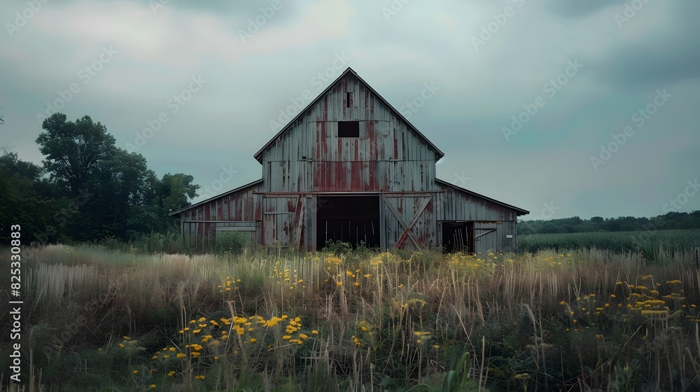 Obraz premium Rustic old barn surrounded by grassland and forest landscape.