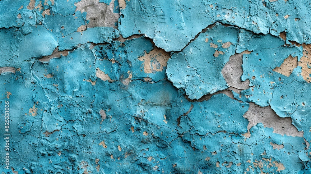   A close-up of a wall with blue paint peeling from its sides