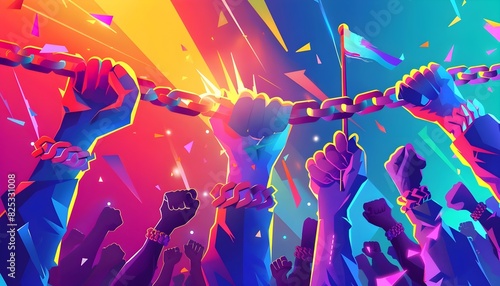a banner design of hands engaged in revolutionary actions , breaking chains, raising flags, holding up peace signs. revolution hand concept.
 photo