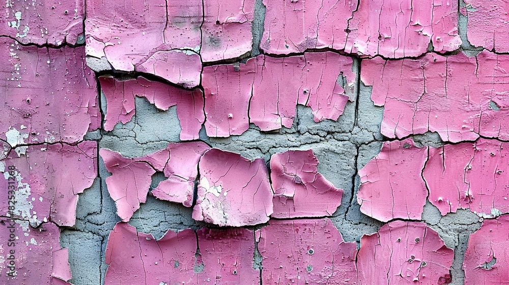   Close-up of a pink and gray wall with peeling paint on its sides