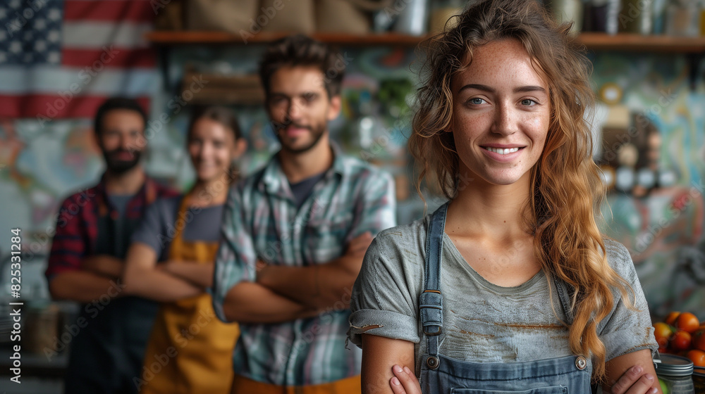 Diverse group of professionals smiling at camera with American flag backdrop for Labor Day celebration.