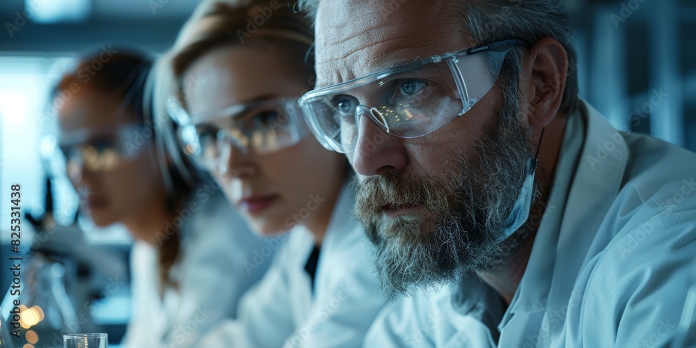 Closeup of three scientists analyzing data, serious expressions, detailed lab equipment, laboratory setting, high resolution, research teamwork, stock photo Closeup of three scientists analyzing data, serious expressions, detailed lab equipment, laboratory setting, high resolution, research teamwork, stock photo