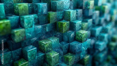 Seamless isometric pattern of cascading cube shapes in shades of blue and green,