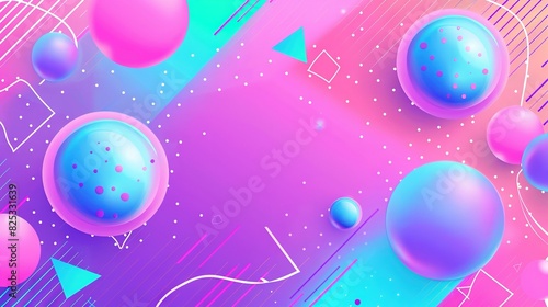   A collection of blue-pink spheres bobbing above a purple-pink backdrop featuring geometrical figures and lines