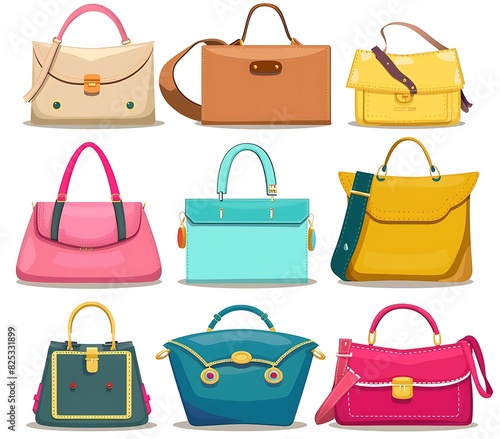 clipart of various women's handbags in flat vector style, white background, colorful, simple design, high resolution, in the style of professional photography, very sharp and detailed