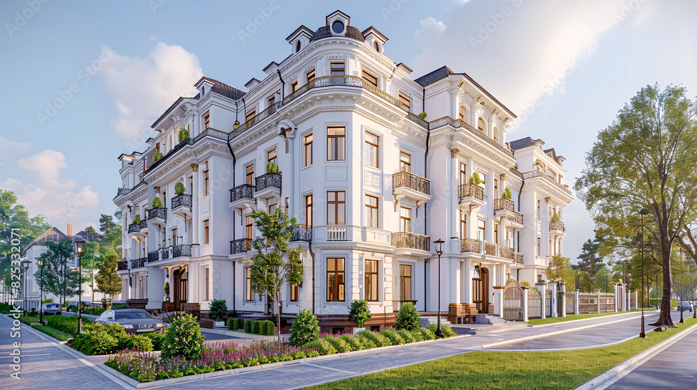 Obraz premium Contemporary Suburban Luxury: Elegant Residential Architecture in a Wealthy Urban Area with Curved Design Elements and Large Windows Wallpaper Digital Art Poster Brainstorming Map Magazine Background 