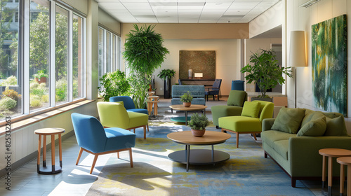 A break room designed to promote relaxation and mental wellness  with comfortable seating and greenery. Dynamic and dramatic composition  with cope space