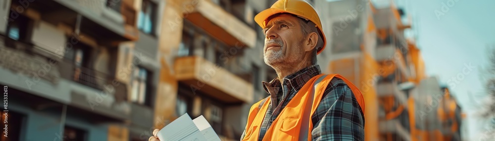 A construction worker wearing a hard hat and safety vest looks over a set of blueprints while standing at a construction site. A construction worker wearing a hard hat and safety vest looks over a set of blueprints while standing at a construction site.