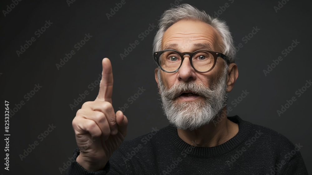 Elderly gentleman with gray hair, beard, glasses, pointing upwards joyfully. Elderly gentleman with gray hair, beard, glasses, pointing upwards joyfully.