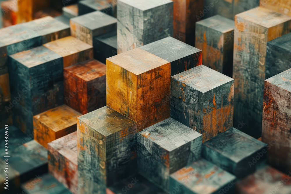 Abstract isometric background with layered cube prisms in earthy tones, Abstract isometric background with layered cube prisms in earthy tones,