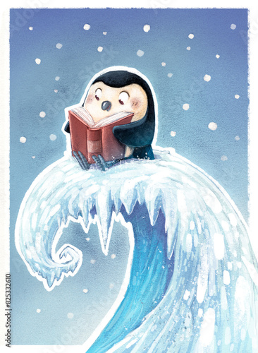 Pingüino leyendo un libro sobre hielo
