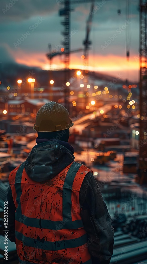A construction worker wearing a hard hat and safety vest stands on a rooftop, looking out over a city under construction A construction worker wearing a hard hat and safety vest stands on a rooftop, looking out over a city under construction