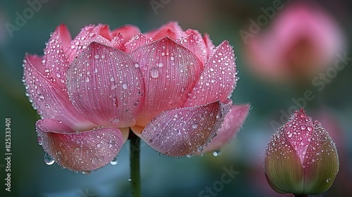  Pink flower close-up with droplets and green background