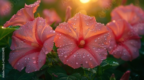  A cluster of vivid pink blossoms adorned with dew-kissed petals basks beneath a radiant, descending sun