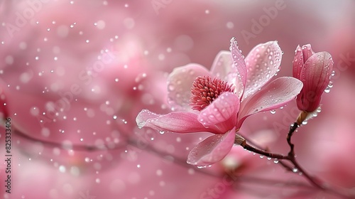  Pink flower on a branch with water droplets