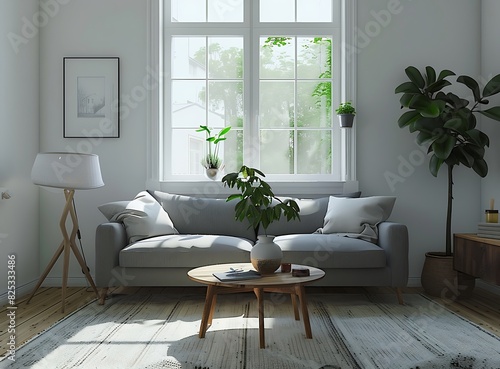 Scandinavian living room interior with grey sofas