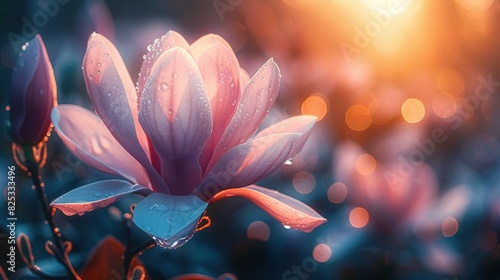   A photo of a pink flower with water droplets on it and sunlight behind it photo