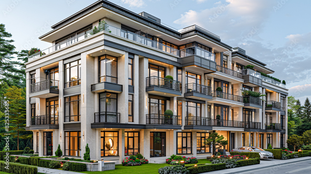 Fototapeta premium Contemporary Suburban Luxury: Elegant Residential Architecture in a Wealthy Urban Area with Curved Design Elements and Large Windows Wallpaper Digital Art Poster Brainstorming Map Magazine Background 