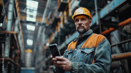 A portrait of an industrial man engineer with smartphone in a factory, working