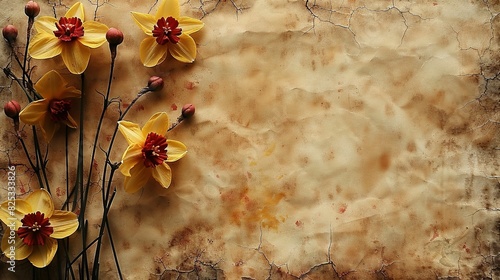   A cluster of golden blossoms resting atop a sheet of paper positioned above a wooden platform near the wall photo