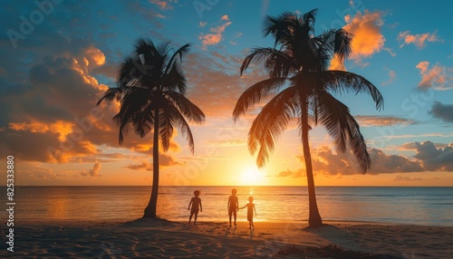 Silhouettes of people between palm trees on a tropical beach enjoying a beautiful sunset with vibrant colors in the sky and reflection on the water.