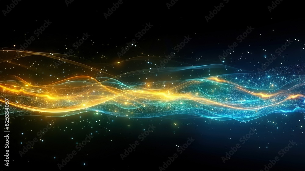 Fototapeta premium A vibrant blue-and-yellow abstract wallpaper featuring stars and swirls against a black backdrop, providing ample space for text